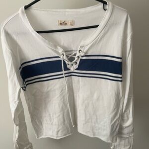 Hollister Women's White and Blue Lace-Up Top
